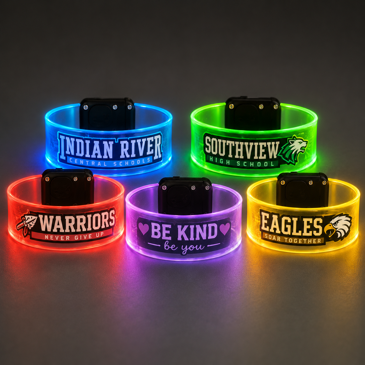 Custom LED Bracelets Personalized Party Favors | Multicolored Light Up Wristbands for Schools, Weddings, Birthdays & Events custom LED bracelet, personalized LED bracelet, custom light up bracelet, LED wristband, personalized wristband, custom promotional bracelet, light up party favors, school spirit bracelet, custom logo bracelet, wedding favors, birthday party favors, magnetic cuff bracelet, LED giveaway item, event wristbands, personalized party favors