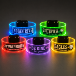 Custom LED Bracelets Personalized Party Favors | Multicolored Light Up Wristbands for Schools, Weddings, Birthdays & Events custom LED bracelet, personalized LED bracelet, custom light up bracelet, LED wristband, personalized wristband, custom promotional bracelet, light up party favors, school spirit bracelet, custom logo bracelet, wedding favors, birthday party favors, magnetic cuff bracelet, LED giveaway item, event wristbands, personalized party favors