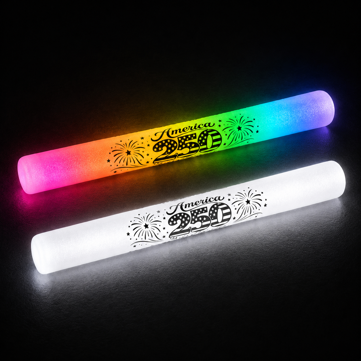 4th of July White or Multicolored Foam Glow Sticks America 250 foam stick, patriotic LED foam stick, USA 250 celebration, red white blue foam stick, LED foam baton, flashing foam stick, patriotic party favors, July 4th glow sticks, fireworks party supplies, LED cheering stick, light up foam stick, multicolor foam stick, white LED foam stick, concert glow sticks, parade light sticks, patriotic event supplies, battery operated foam stick, glow baton, LED light wand, America 250 party supplies