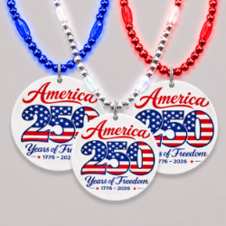 America 250 Custom LED Bead Necklace | Patriotic Medallion for July 4th, Parades & Events America 250, America 250 necklace, America 250 party favors, patriotic necklace, July 4th necklace, Fourth of July party favors, patriotic LED necklace, LED medallion necklace, custom patriotic necklace, America 250 celebration, 1776 2026, Semiquincentennial, America 250 events, custom event giveaways, patriotic parade supplies, Fourth of July parade favors, red white blue necklace, custom medallion necklace, commemorative necklace, Independence Day accessories