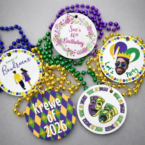 Customized Beaded Mardi Gras Full Color Medallions (Non-Flashing) custom, custom medallions, customized, personalized, personalized necklace, medallion necklace, rolling games, give away, wedding, mardi gras, krewe
