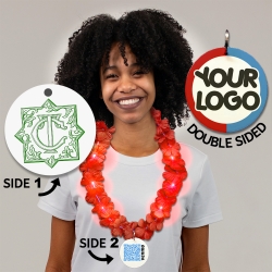 Double Sided Customized Floral Lei with Full Color Medallion Blank custom, custom Floral Lei, customized Floral Lei necklace, personalized, personalized necklace, LED necklace, lighted necklace with QR code, custom wedding flashing necklace, light-up necklace, wedding reception necklace, rolling games, give away, redemption, fundraiser
