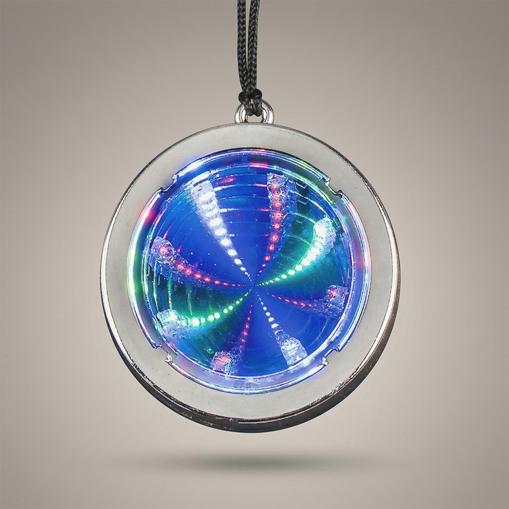 Flashing Silver Tunnel Necklace LED infinity necklace, lighted necklace, flashing necklace, light-up necklace, infinity, tunnel, medallion necklace, rolling games, give away, redemption, fundraiser, custom, festival, bar, rave