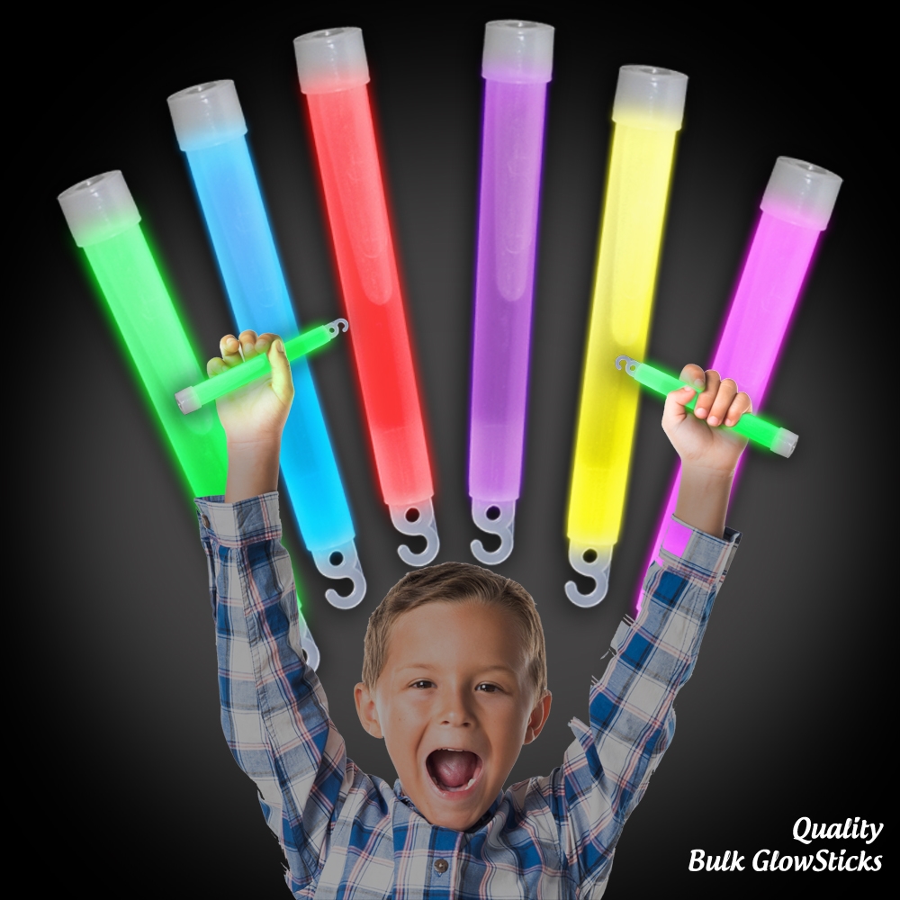 Unwrapped 6-inch, 15mm diameter glowsticks with a hook and hole
