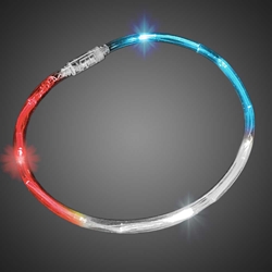 Red-White-Blue Flashing Chaser Necklaces flashing necklace, lighted necklace, chasing necklace, LED necklace, battery-operated necklace, necklace, tube necklace, mitzvah, party, mardi gras, throw, halloween, july 4th, vend, fundraiser, school, give away, cheap, inexpensive